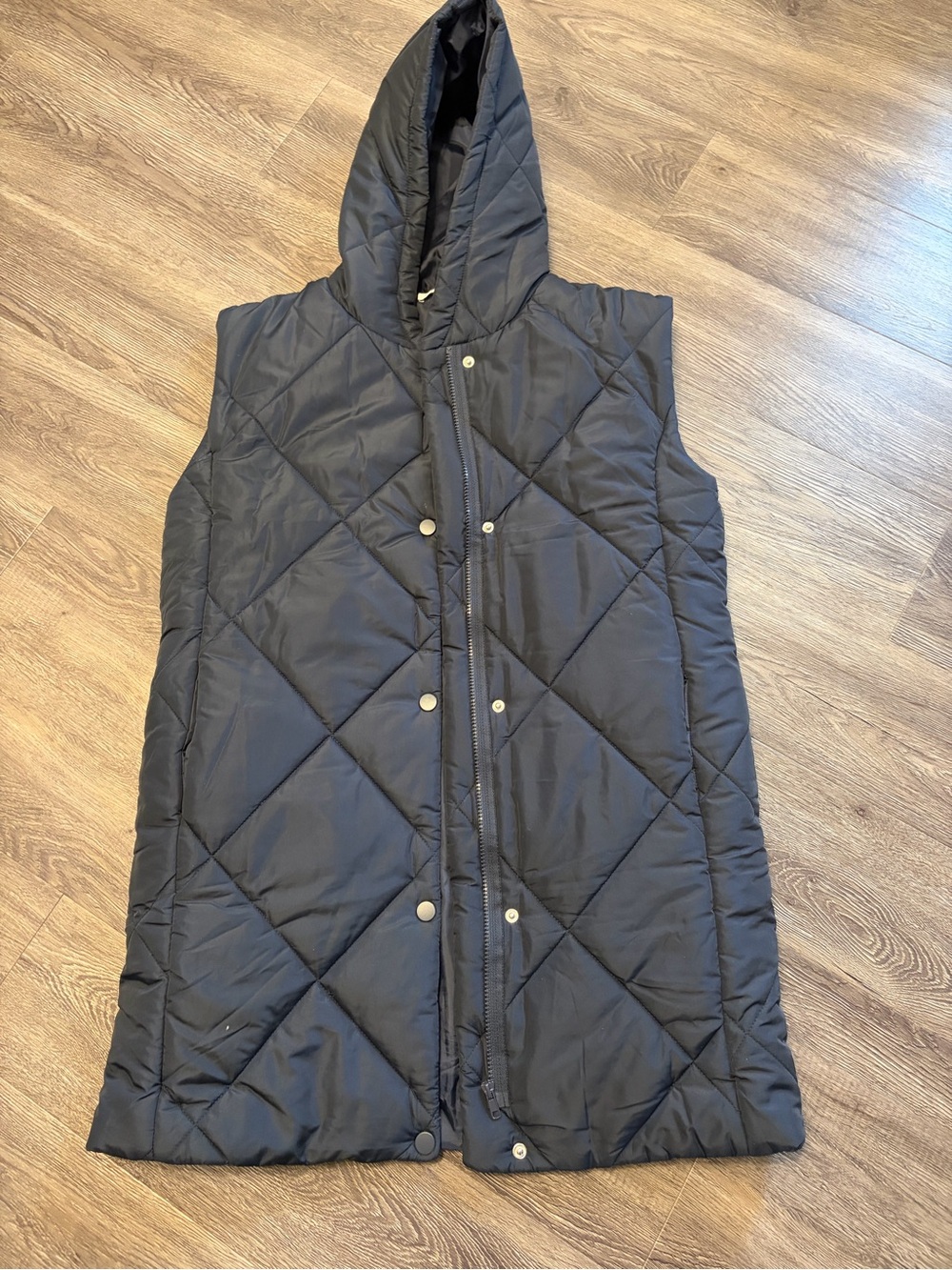 Staccato Navy Quilted Hooded Long Vest (Oversized)